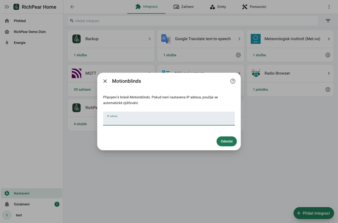 Formulář Motionblinds s polem IP adresa v RichPear Home
