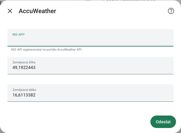 Formulář AccuWeather pro API klíč, zeměpisnou šířku a délku v RichPear Home