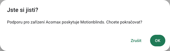 Potvrzení, že zařízení Acomax obsluhuje Motionblinds