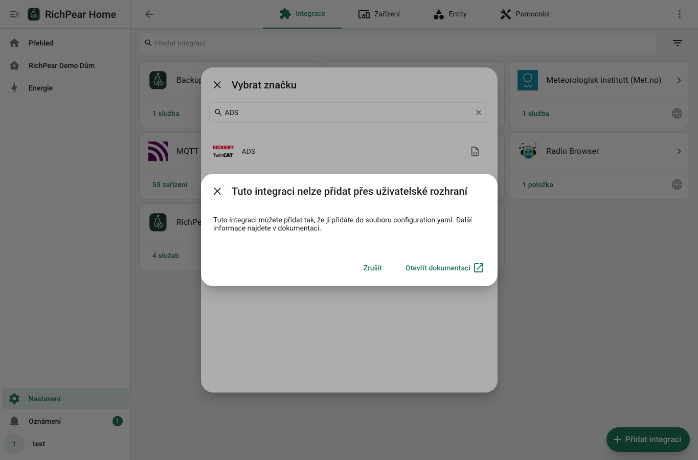 RichPear Home hlásí, že ADS nelze přidat přes UI