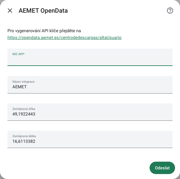 Formulář AEMET OpenData pro API klíč, název integrace a souřadnice