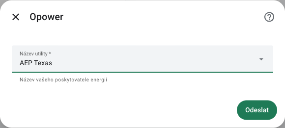 Opower formulář s vybranou utilitou AEP Texas
