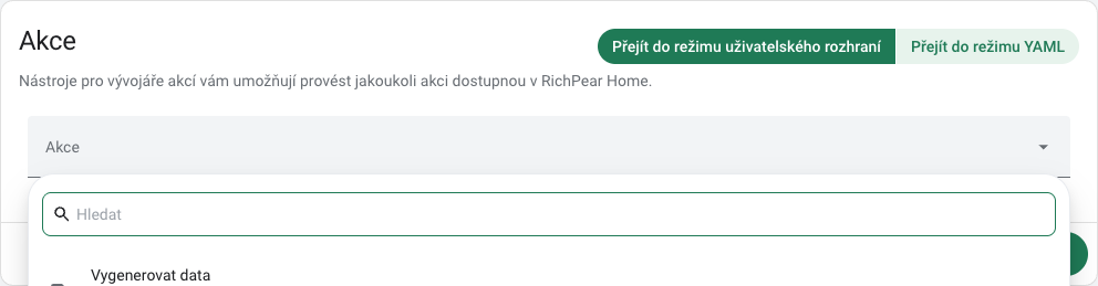 Akce AI Task ve Vývojářských nástrojích RichPear Home