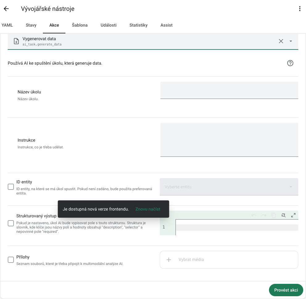 Formulář akce ai_task.generate_data v českém RichPear Home