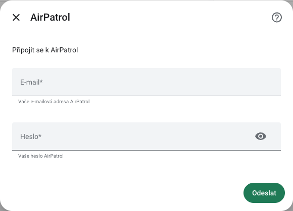 Formulář AirPatrol s e-mailem a heslem v českém RichPear Home