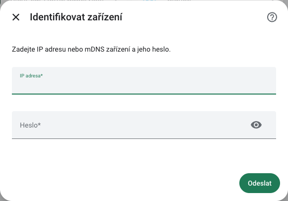 Formulář air-Q s IP adresou a heslem v českém RichPear Home