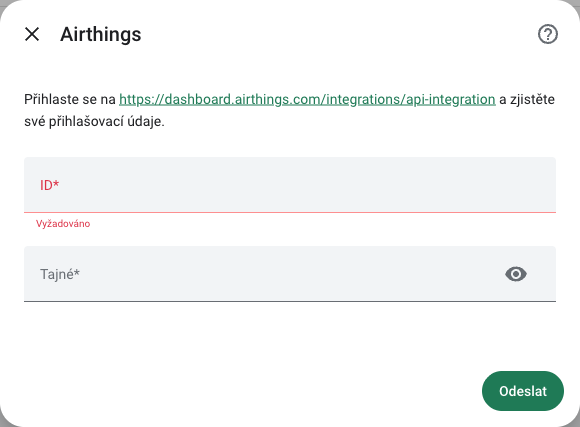 Formulář Airthings pro ID a Secret v českém RichPear Home