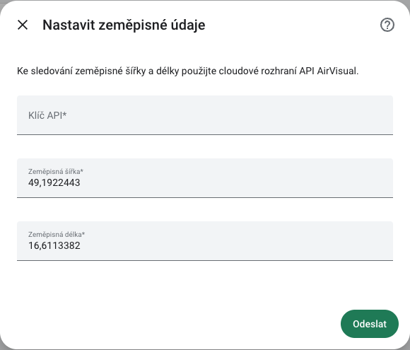 Formulář AirVisual Cloud se souřadnicemi v českém RichPear Home
