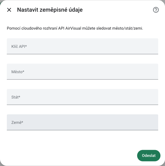 Formulář AirVisual Cloud pro město, stát a zemi v českém RichPear Home