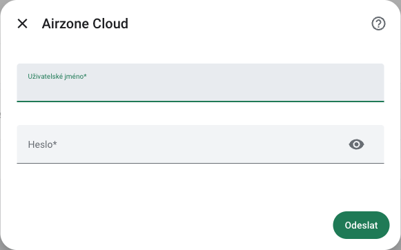 Průvodce Airzone Cloud v českém RichPear Home s poli pro uživatelské jméno a heslo