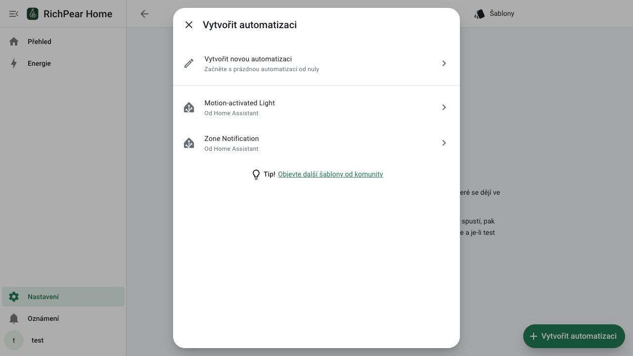 Dialog pro vytvoření nové automatizace v RichPear Home
