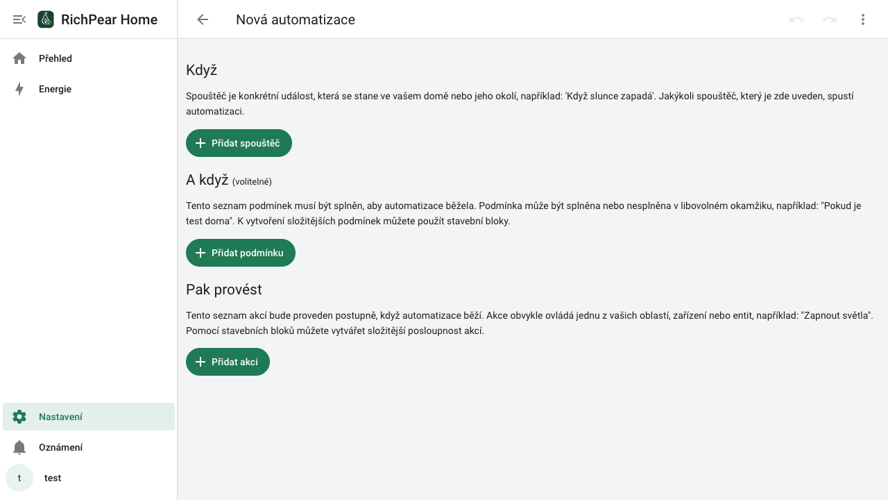 Prázdný editor automatizace v RichPear Home