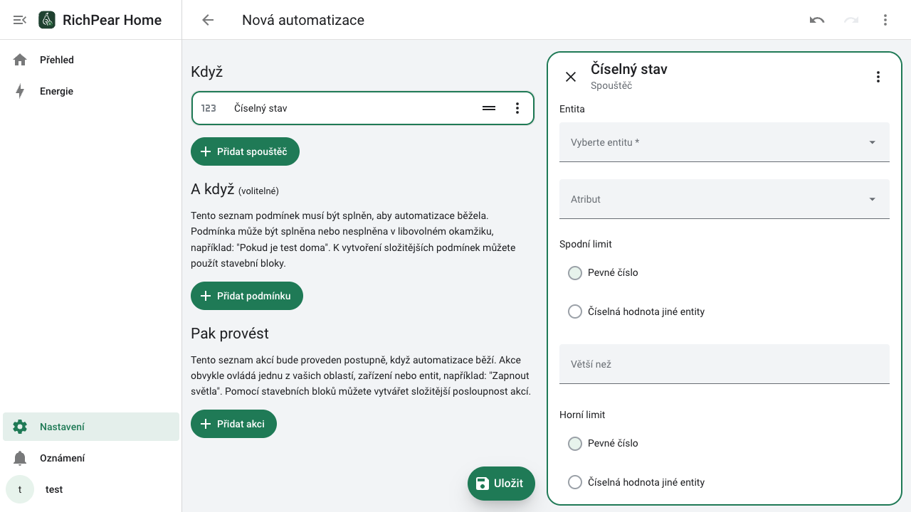 Formulář spouštěče v automatizaci RichPear Home