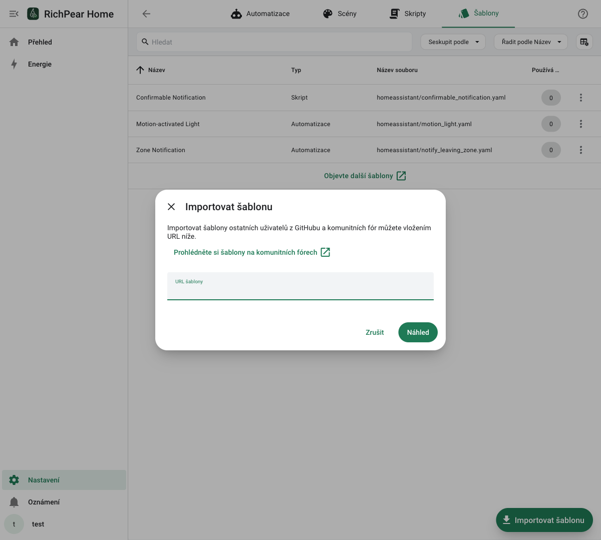Dialog pro import blueprintu v RichPear Home