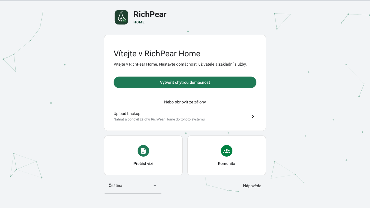 Úvodní obrazovka RichPear Home onboardingu