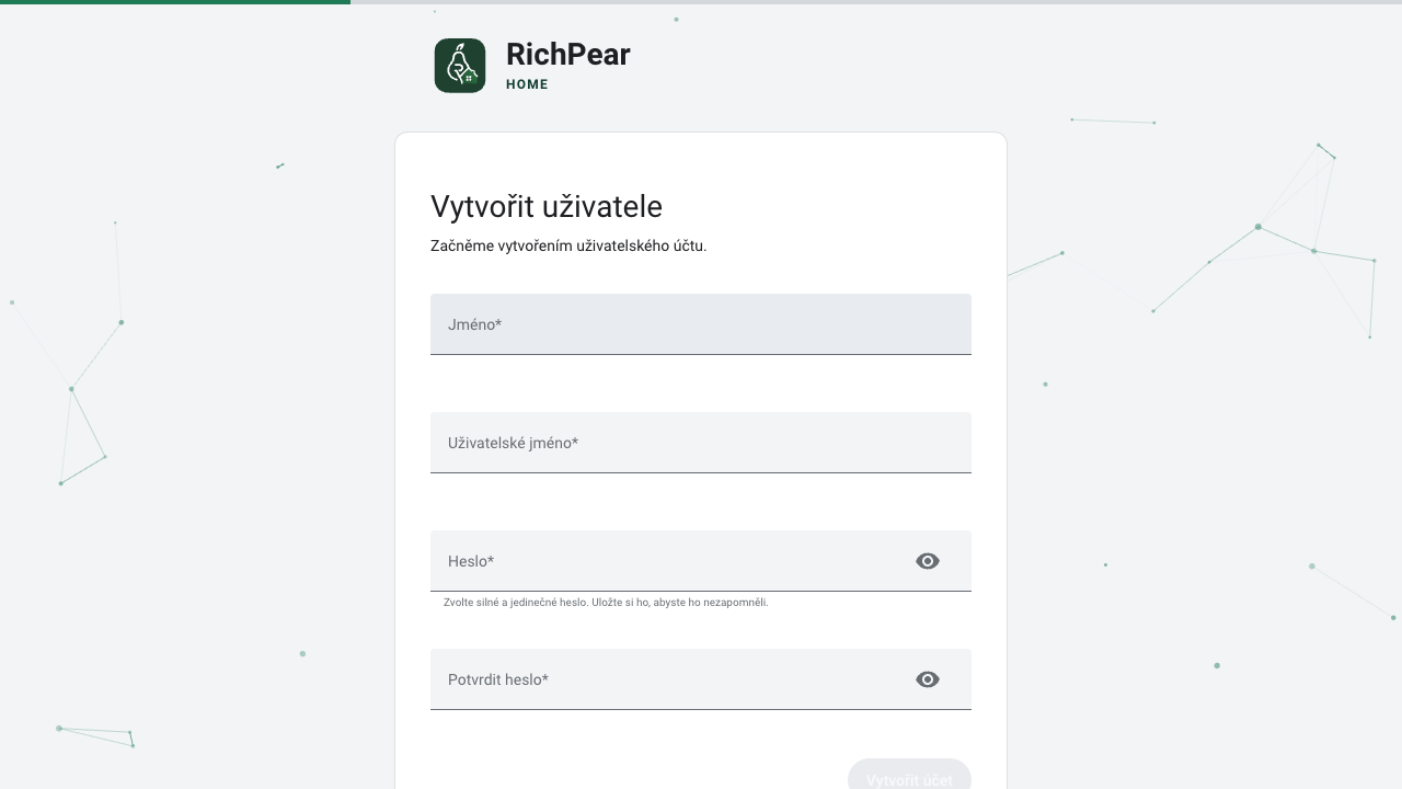 Formulář pro vytvoření vlastníka RichPear Home