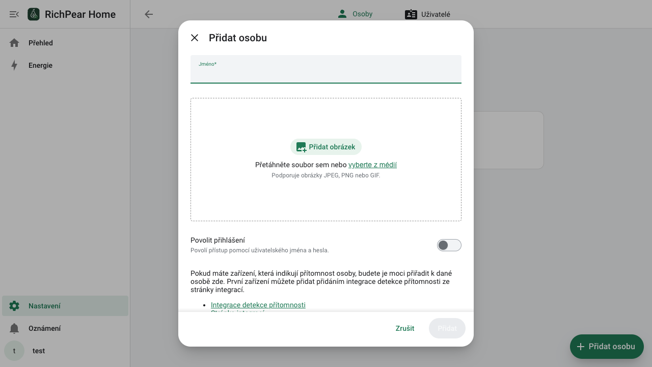 Dialog pro přidání osoby v RichPear Home